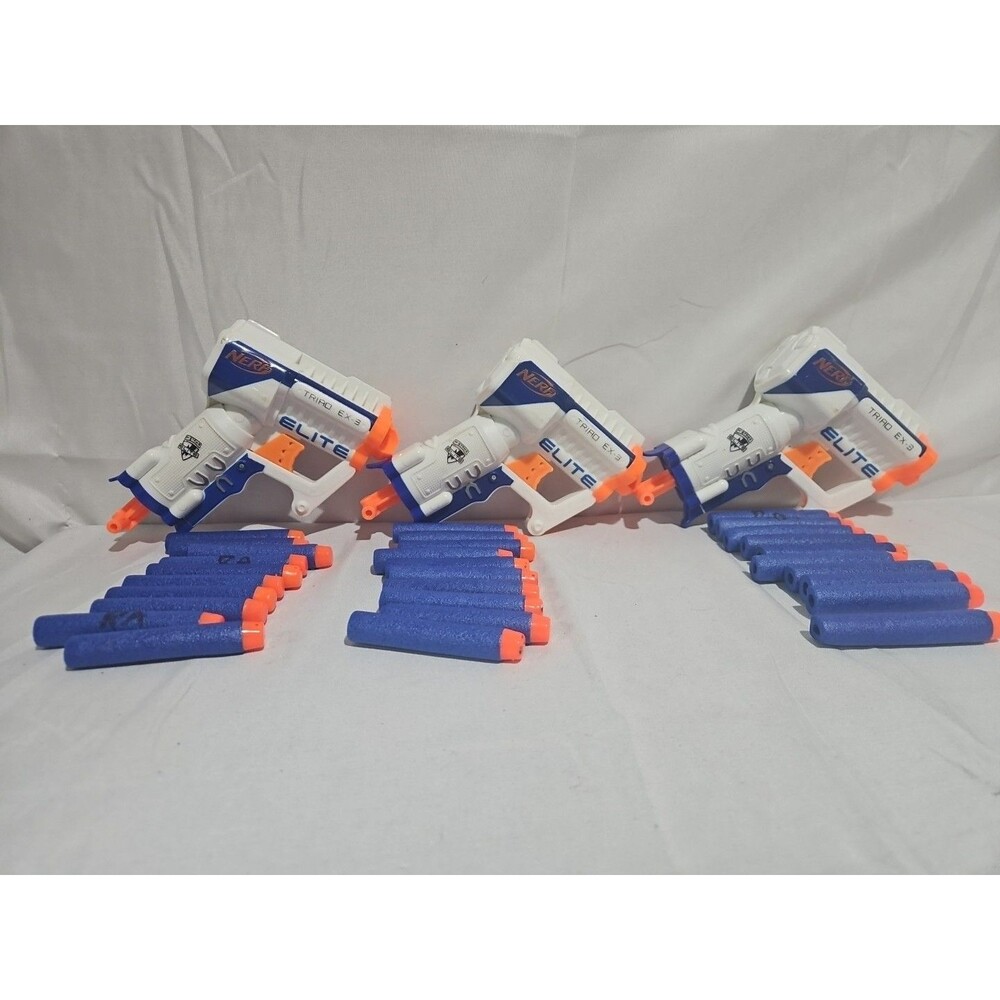 3 Nerf N-Strike Elite Triad EX-3 Blaster White With 30 Darts Tested Working